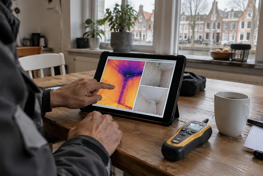 Lekdetectie Oldebroek – lekdetectierapport met warmtebeelden en foto's op een tablet