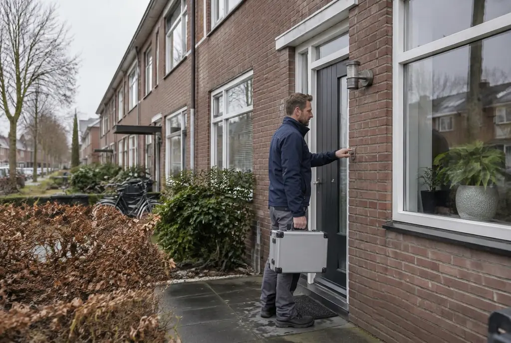 Lekdetectiespecialist met meetkoffer bij de voordeur van een woning in Oldebroek